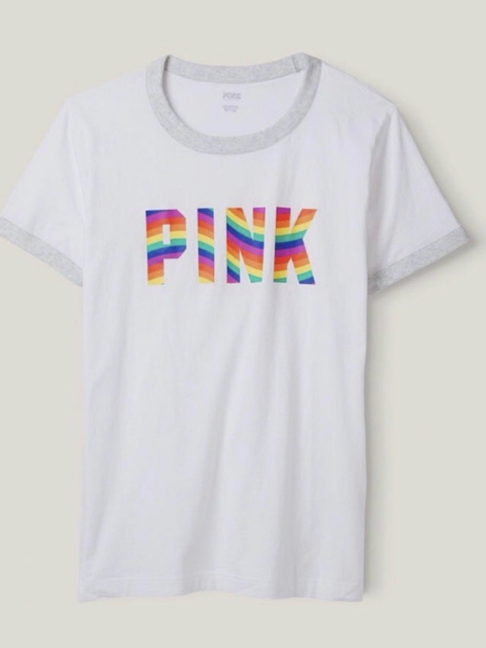 PINK Victoria's Secret White Ringer Tee with Rainbow Logo Pride LGBTQ+ or not!
